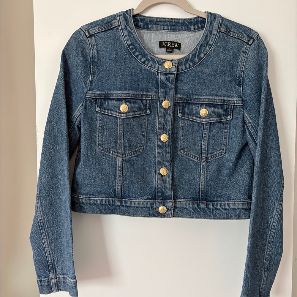 J.Crew Blue Denim Cropped Jean Jacket with Gold Buttons